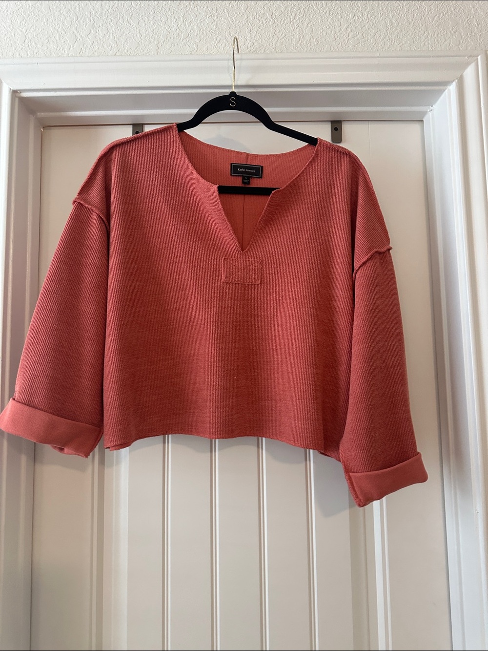 Boxy Coral V-Notch Knit Sweatshirt